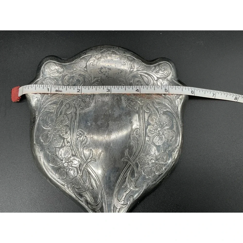 Antique Derby‎ Silver Co Hand Mirror Floral Repousse Silverplate Vanity Decor